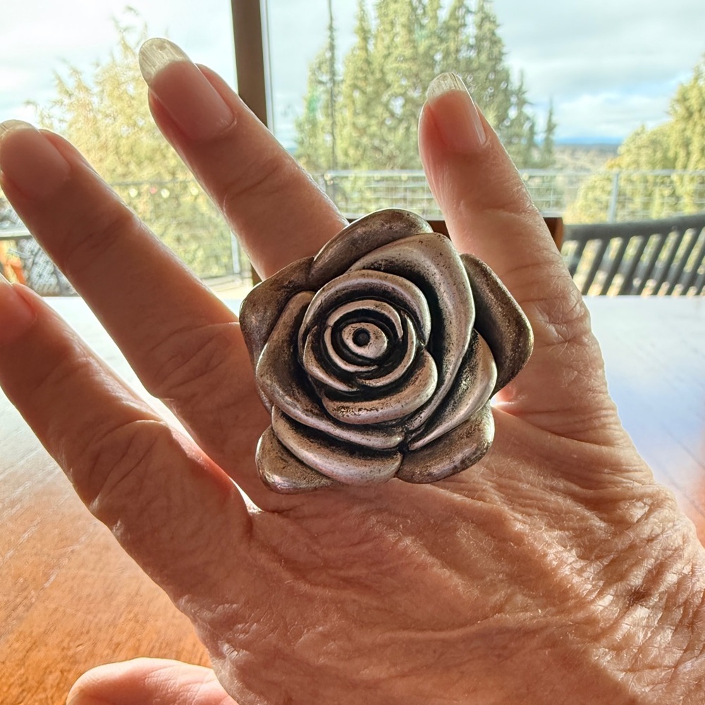 Silver Metal Rose Statement Ring